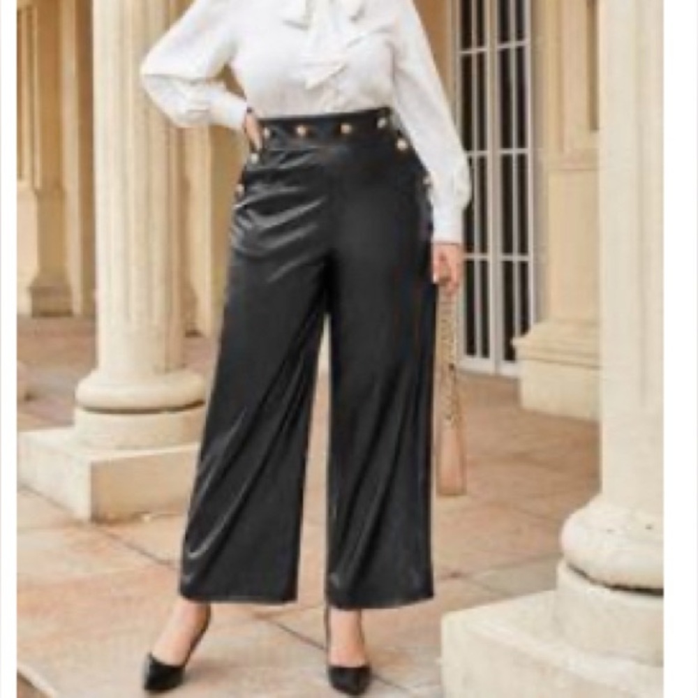 Black Faux Leather Pants with Gold Button